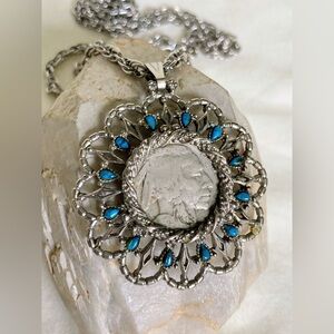INDIAN HEAD NICKEL Necklace With Faux Turquoise and Silver Tone Chain
